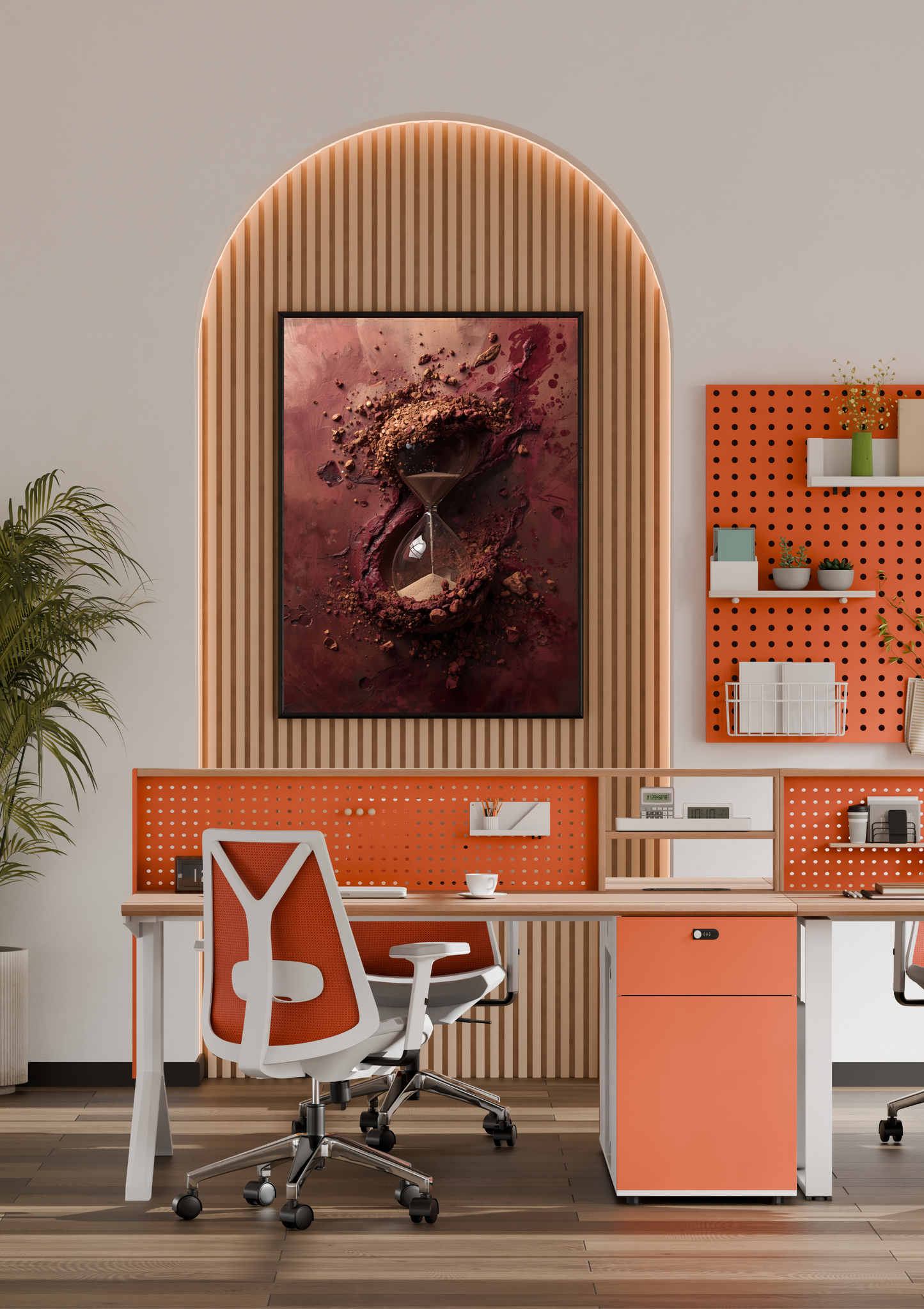 Zandloper koper bordeaux schilderij in naturel houten lijst aan witte muur naast houten paspop en beige doos – cinematisch wall art thuiskantoor
