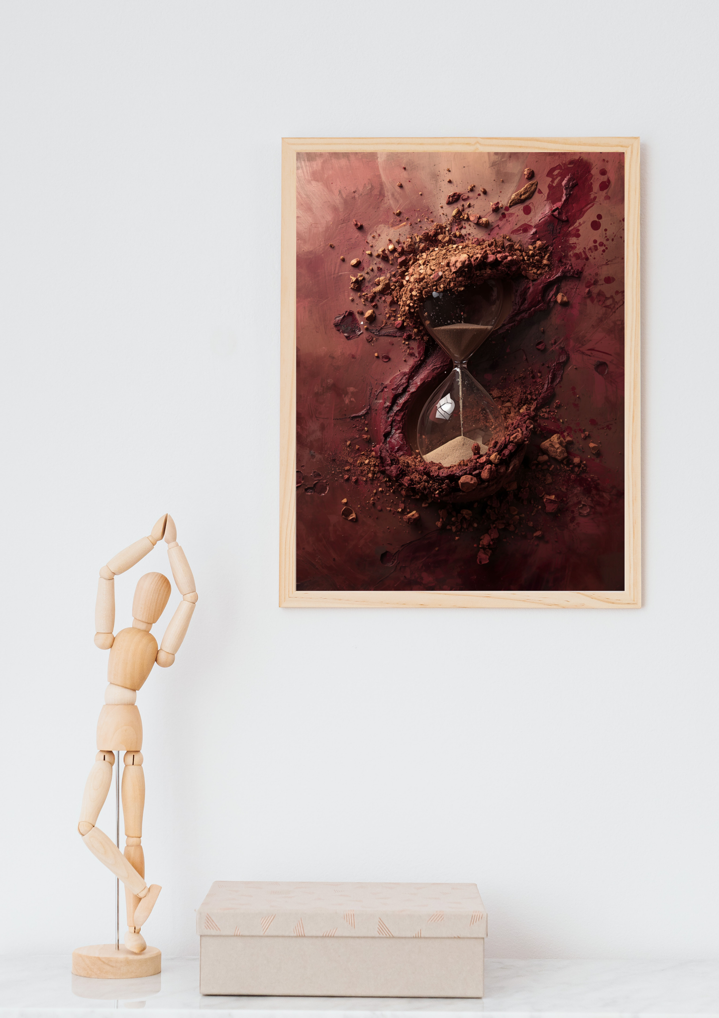 Zandloper koper bordeaux schilderij in donkere lijst in houten boogvormige nis boven oranje bureau met bureaustoel en pegboard in modern kantoor – cinematisch wall art thuiskantoor
