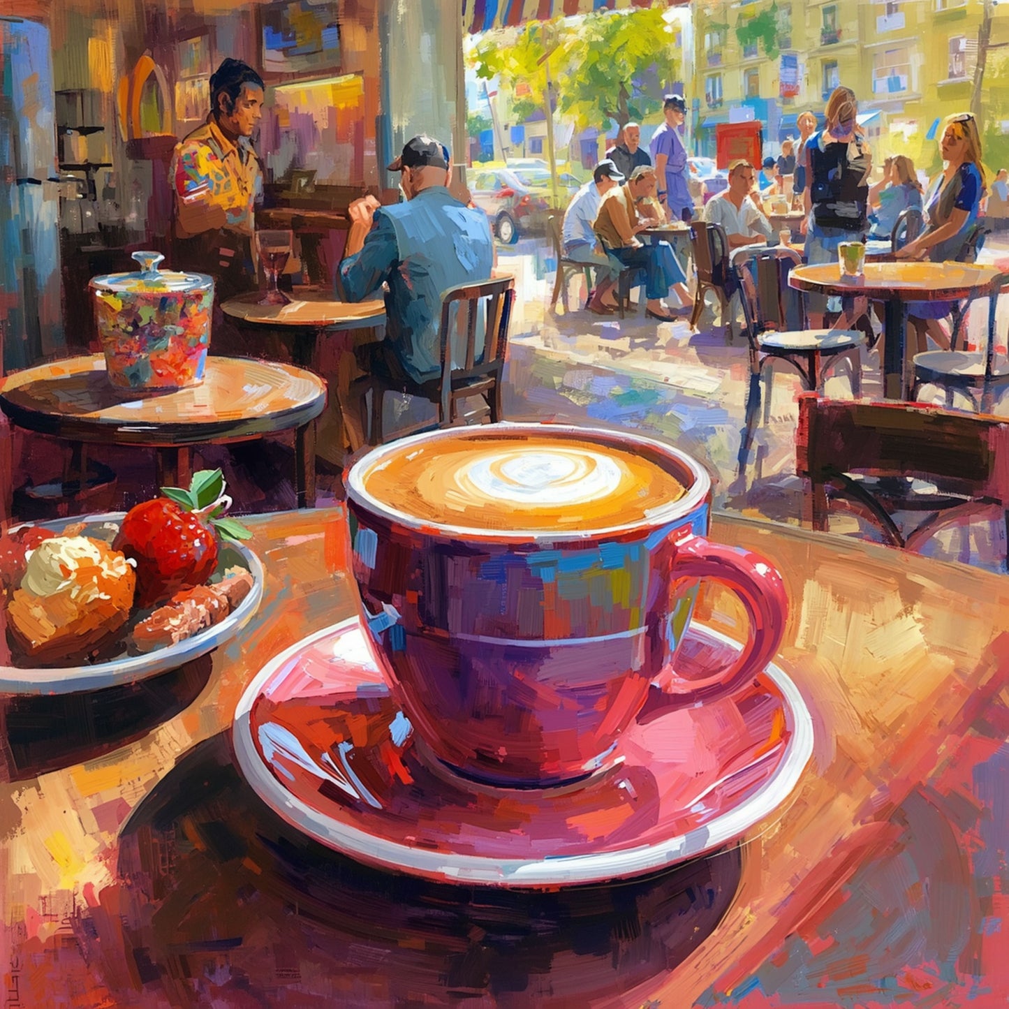 Terras café canvas schilderij met dampende latte art kop op roze schotel met aardbeien op voorgrond en gezellig zonnig buitenterras vol gasten en groene bomen op de achtergrond – eetkamer wanddecoratie
