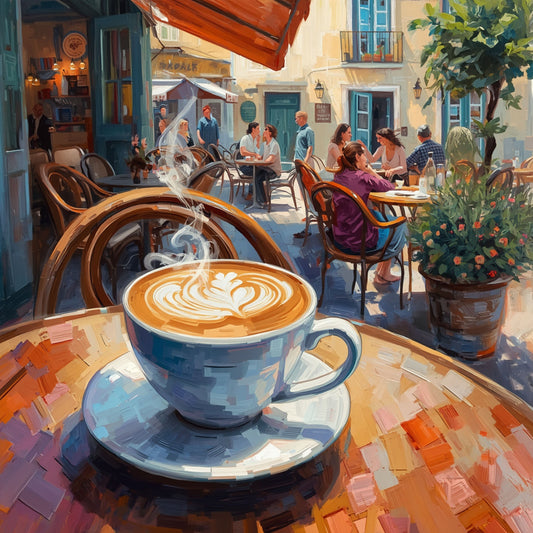 Terras koffie canvas schilderij met dampende latte art kop op houten tafel op voorgrond en gezellig zuiders straatcafé met gasten en bomen op de achtergrond in warm zomerlicht – eetkamer wanddecoratie
