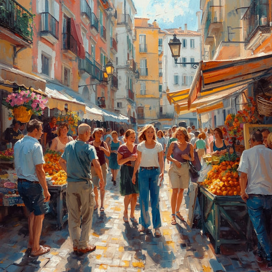 Mediterraan marktscène canvas schilderij met kleurrijke marktkramen, mensen en warme oranje en blauwe tinten in zomers straatscène — eetkamer wanddecoratie
