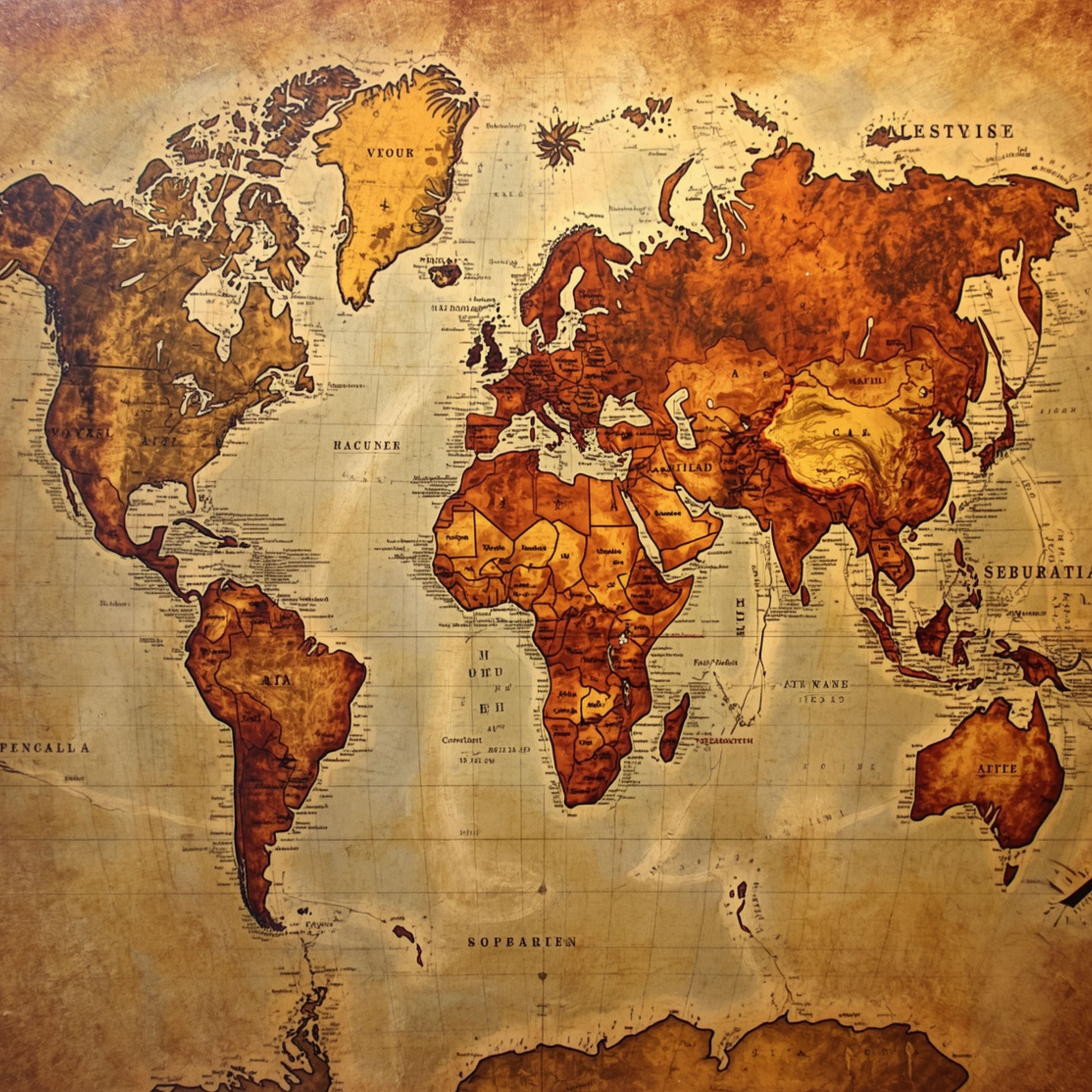 Vintage wereldkaart canvas schilderij met gedetailleerde continenten in warme bruine, oranje en gouden tinten op antieke achtergrond — hobbyruimte wanddecoratie
