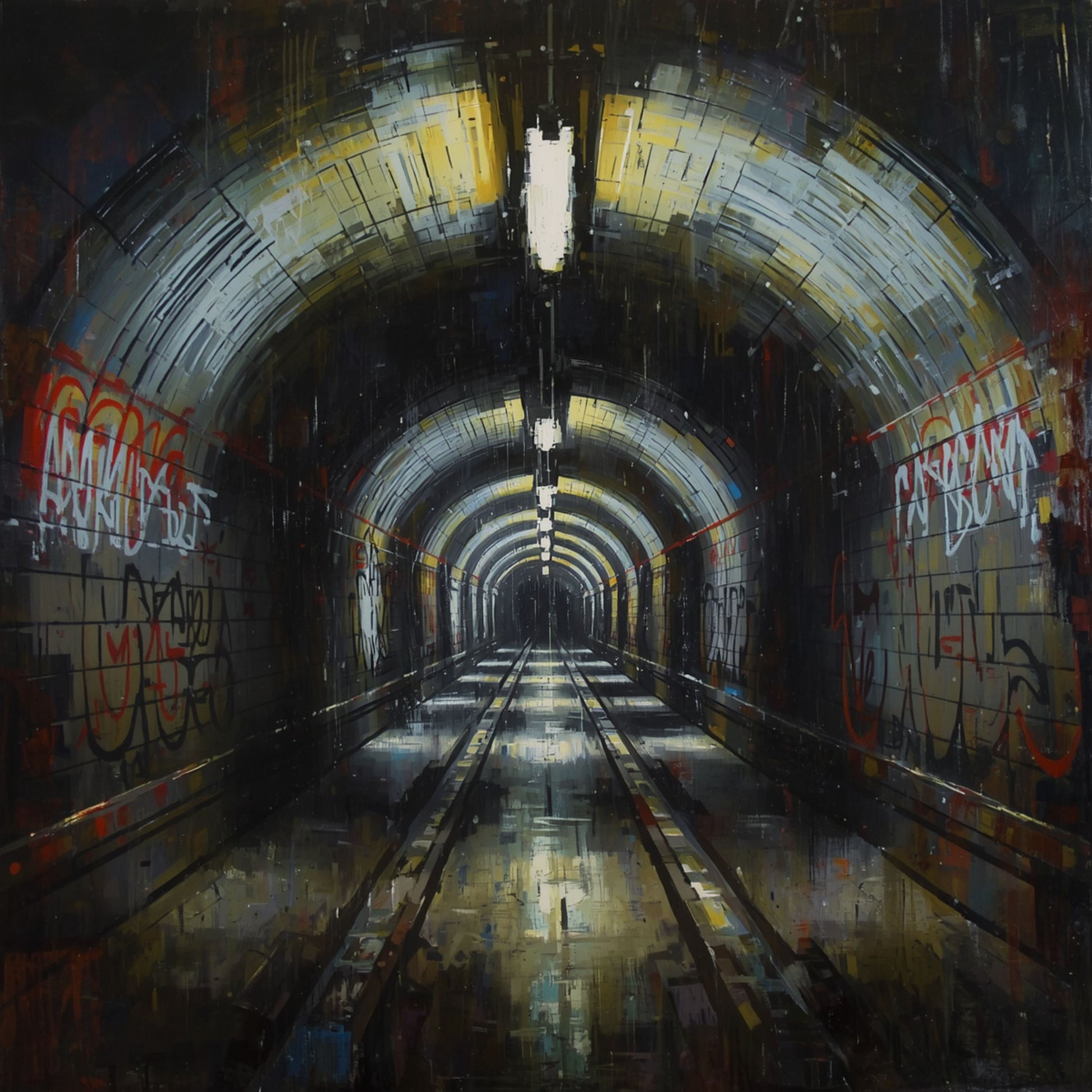 Dramatisch metro tunnel perspectief canvas schilderij met donkere boogvormige tunnel en warm geel licht aan het einde — gang wanddecoratie
