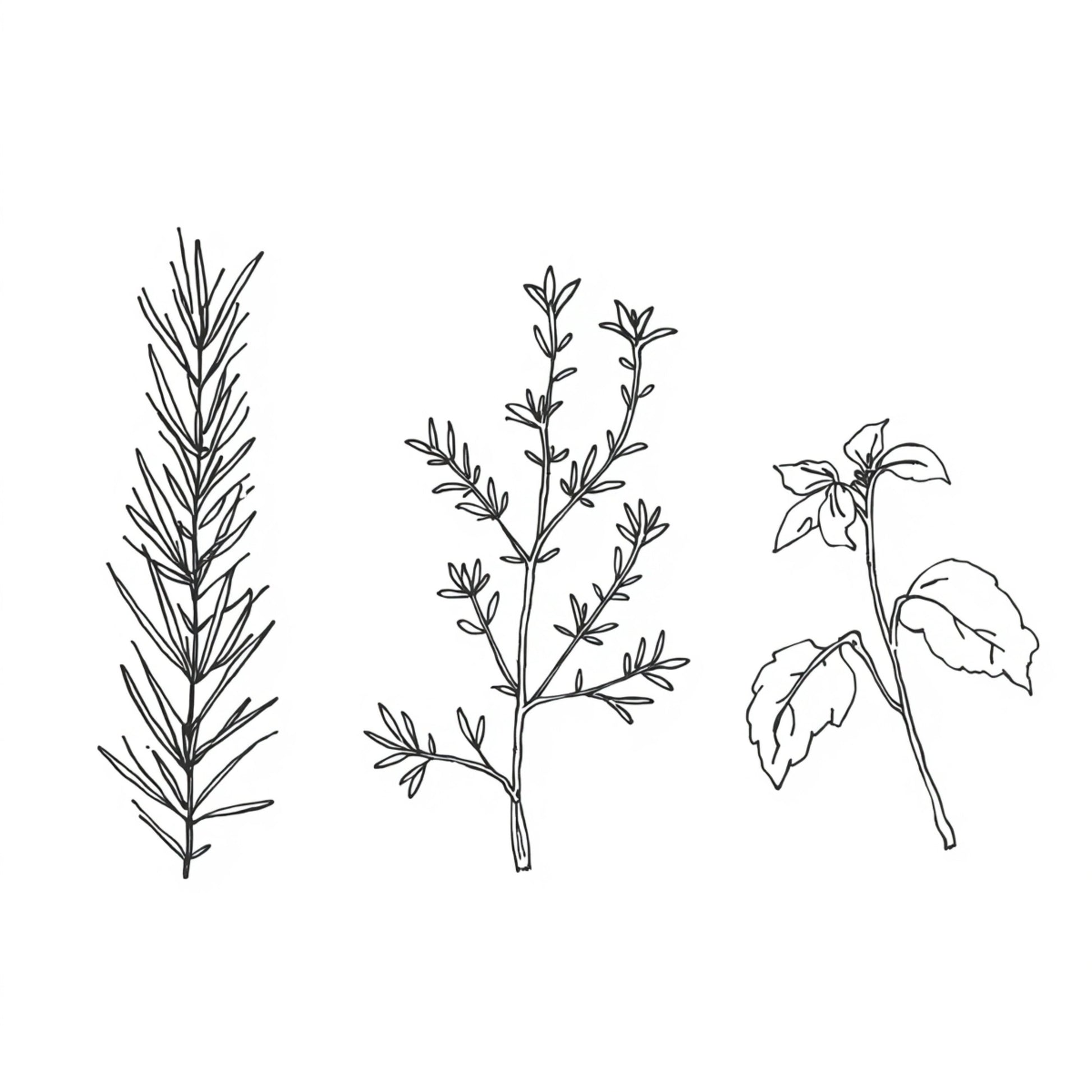 Botanisch kruiden trio canvas schilderij met fijne lijntekeningen van rozemarijn, tijm en salie op witte achtergrond — keuken wanddecoratie
