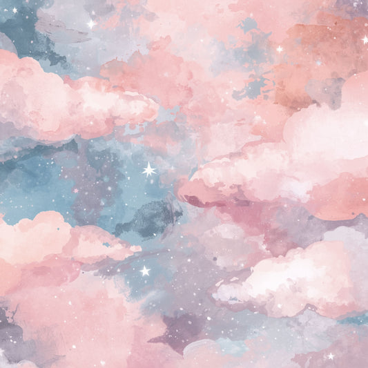 Babyzimmer-Gemälde – Rosa Wolkenhimmel mit Sternen & Pastellfarben