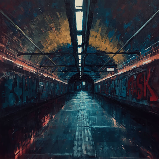 Cinematisch donker tunnel perspectief canvas schilderij met neon rode en gele lichten, natte reflecterende vloer en diep verdwijnpunt — gang wanddecoratie
