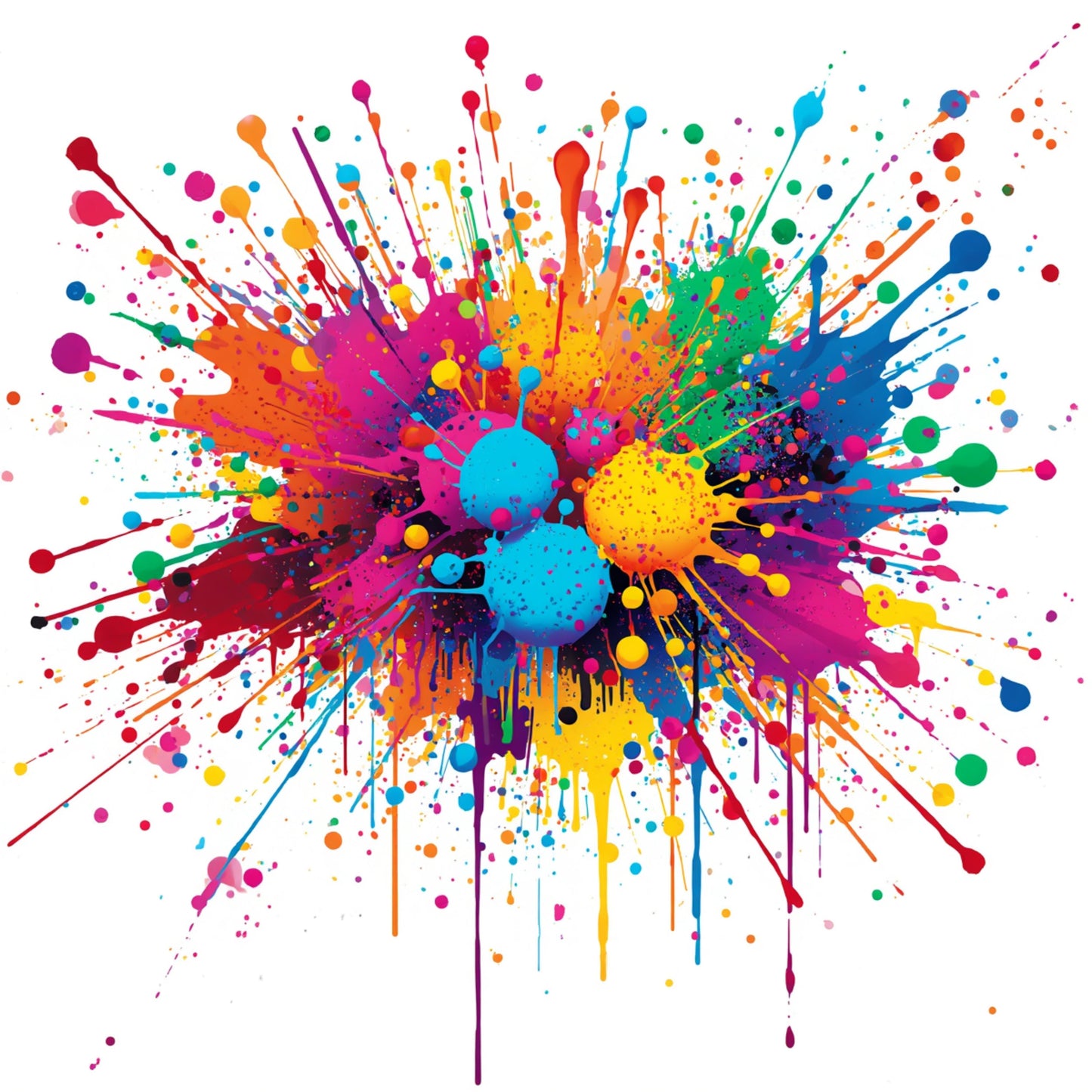 Explosief verfspetter big bang canvas schilderij met roze, blauw, oranje, geel en groen op witte achtergrond — hobbyruimte wanddecoratie
