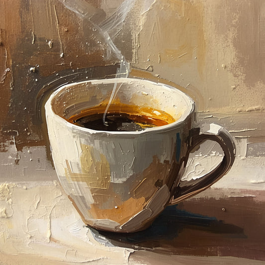 Impressionistisch ochtend koffie mok canvas schilderij met grote beige mok en dampende zwarte koffie in warme bruine en gouden tinten — keuken wanddecoratie
