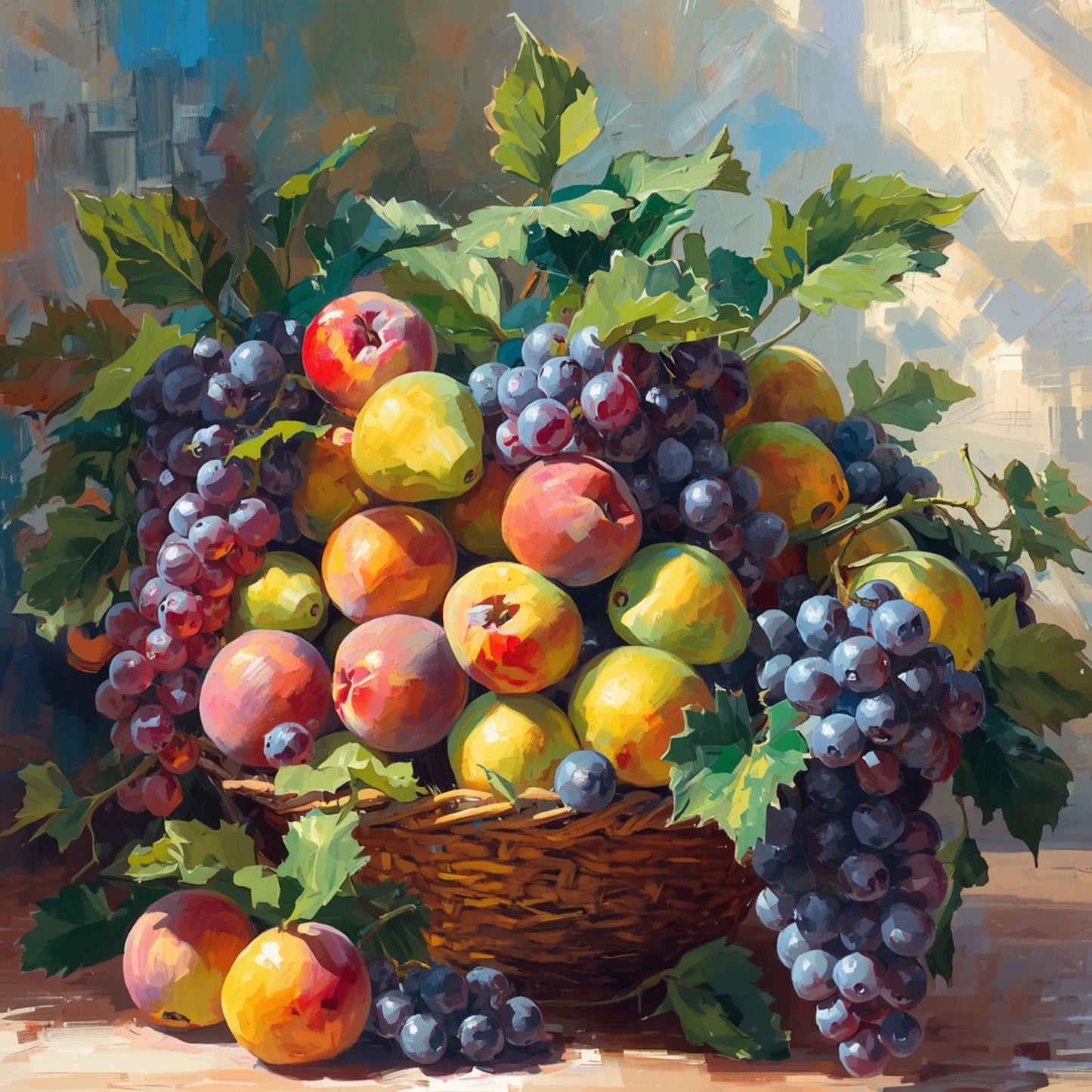 Fruit stilleven canvas schilderij met weelderige mand vol paarse druiven, rode appels, gele citroenen en groene bladeren in warm zomers licht – eetkamer wanddecoratie
