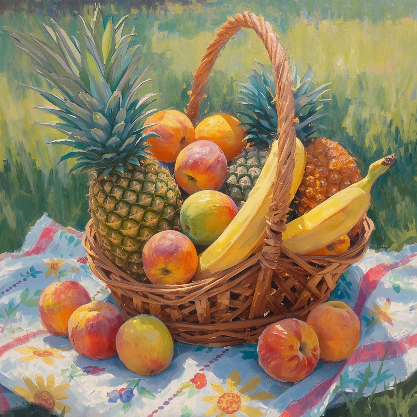 Tropisch fruit mand canvas schilderij met weelderige mand vol ananas, bananen, perziken, sinaasappels en appels op kleurrijk gestreept kleed in zomers groen licht – eetkamer wanddecoratie
