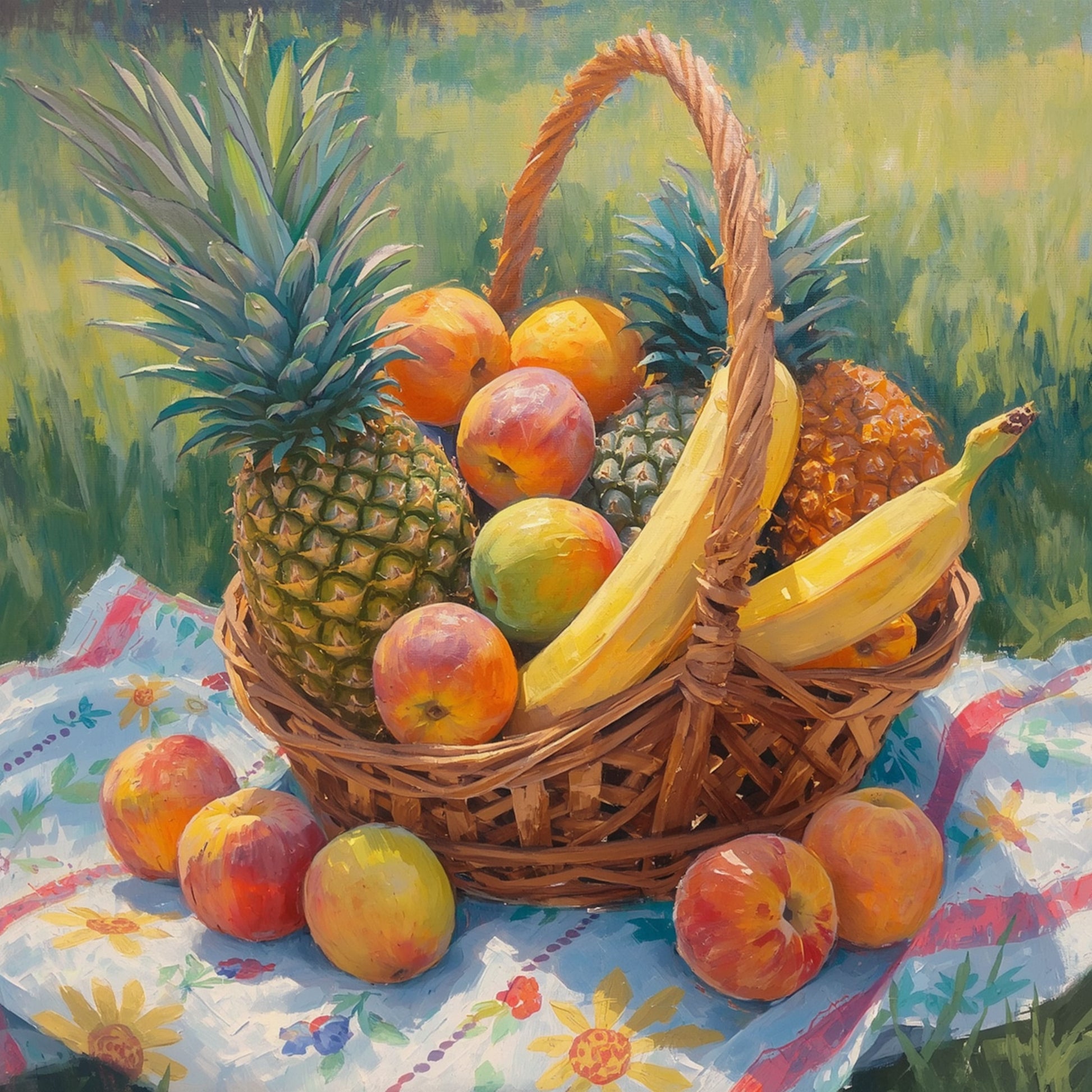 Tropisch fruit mand canvas schilderij met weelderige mand vol ananas, bananen, perziken, sinaasappels en appels op kleurrijk gestreept kleed in zomers groen licht – eetkamer wanddecoratie
