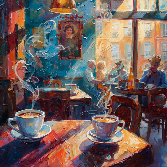 Expressionistisch jazz café canvas schilderij met twee dampende koffiekopjes op tafel, gasten op de achtergrond en warm gouden licht met blauwe stoomwolken in levendige penseelstreken – eetkamer wanddecoratie
