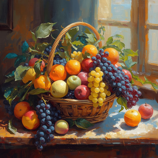 Klassiek fruit mand stilleven canvas schilderij met weelderige mand vol paarse druiven, rode appels, gele citroenen en sinaasappels op houten tafel bij raam in warm zijdelings licht – eetkamer wanddecoratie
