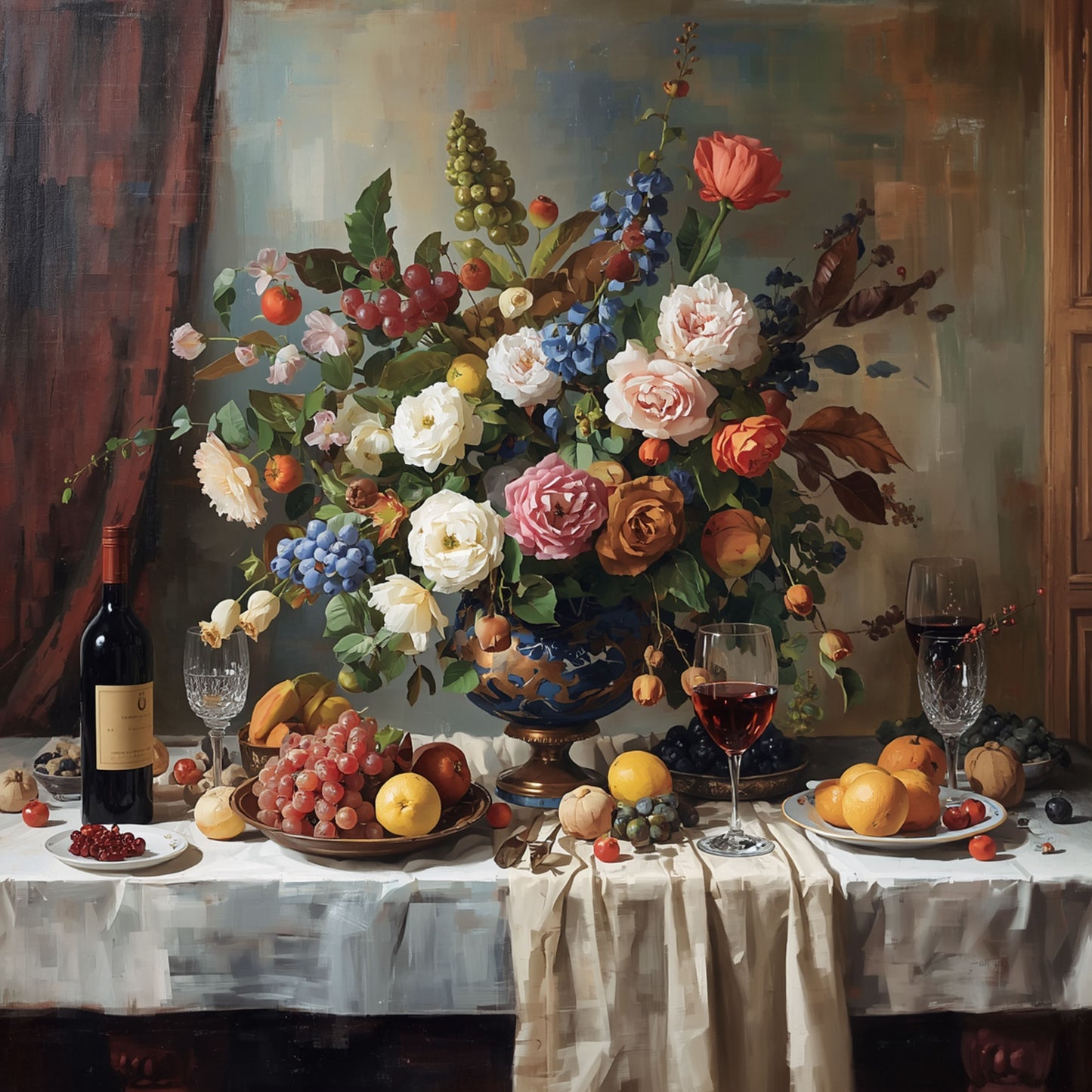 Floral Still Life Painting – Classic Bouquet with Fruit & Candle