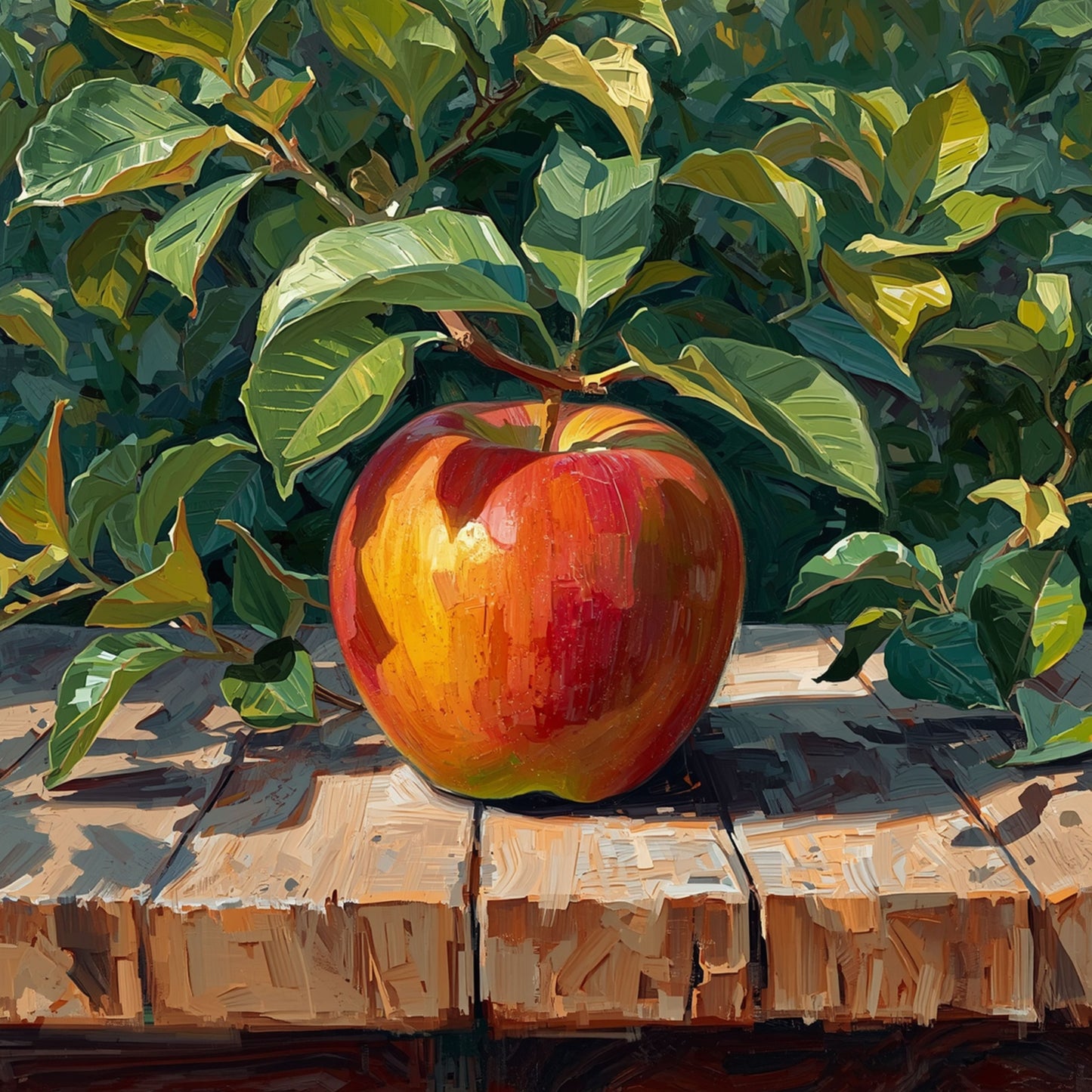 Realistisch appel tuin canvas schilderij met rijpe rode en oranje appel op verweerde houten plank omringd door weelderige donkergroene bladeren in zacht daglicht – eetkamer wanddecoratie
