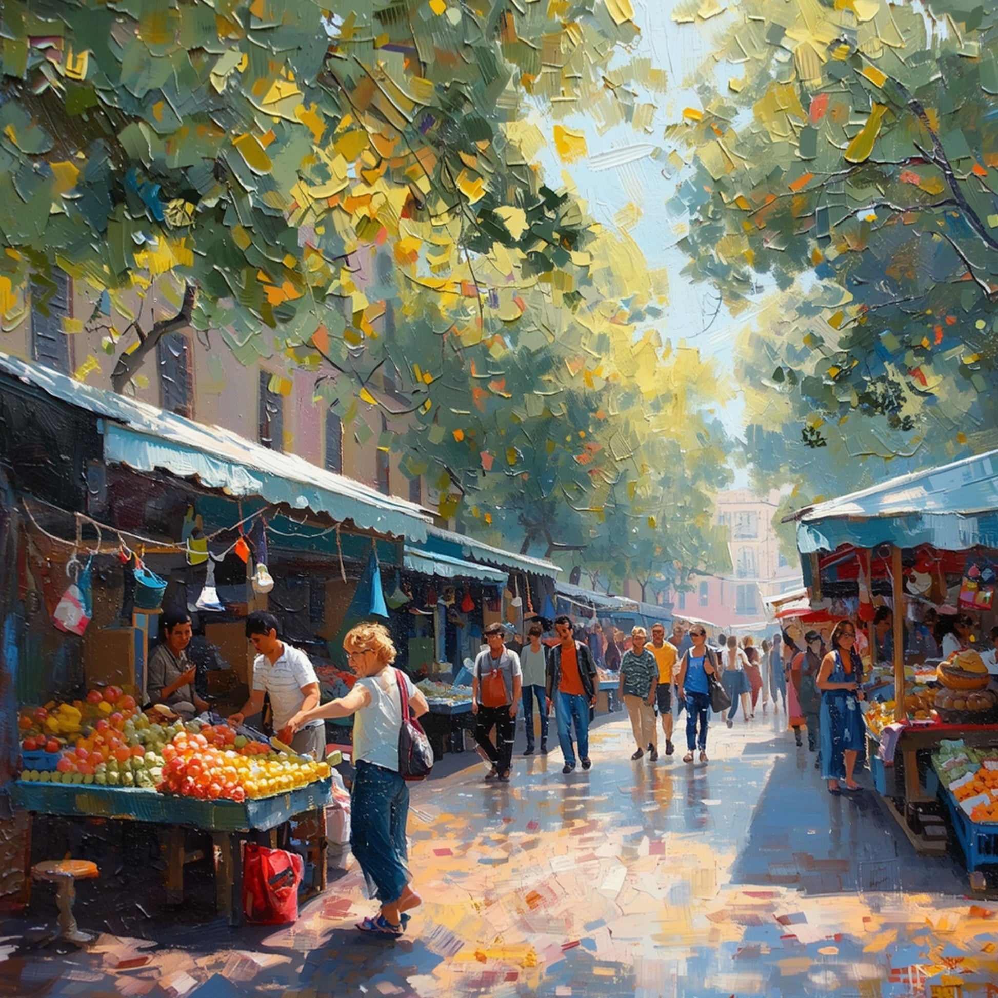 Boerenmarkt canvas schilderij met kleurrijke kraampjes, kooplui en weelderige groene bomen in impressionistische stijl — eetkamer wanddecoratie
