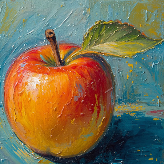 Impressionistisch rode appel canvas schilderij met expressieve penseelstreken en groene bladeren op blauw-groene achtergrond – eetkamer wanddecoratie
