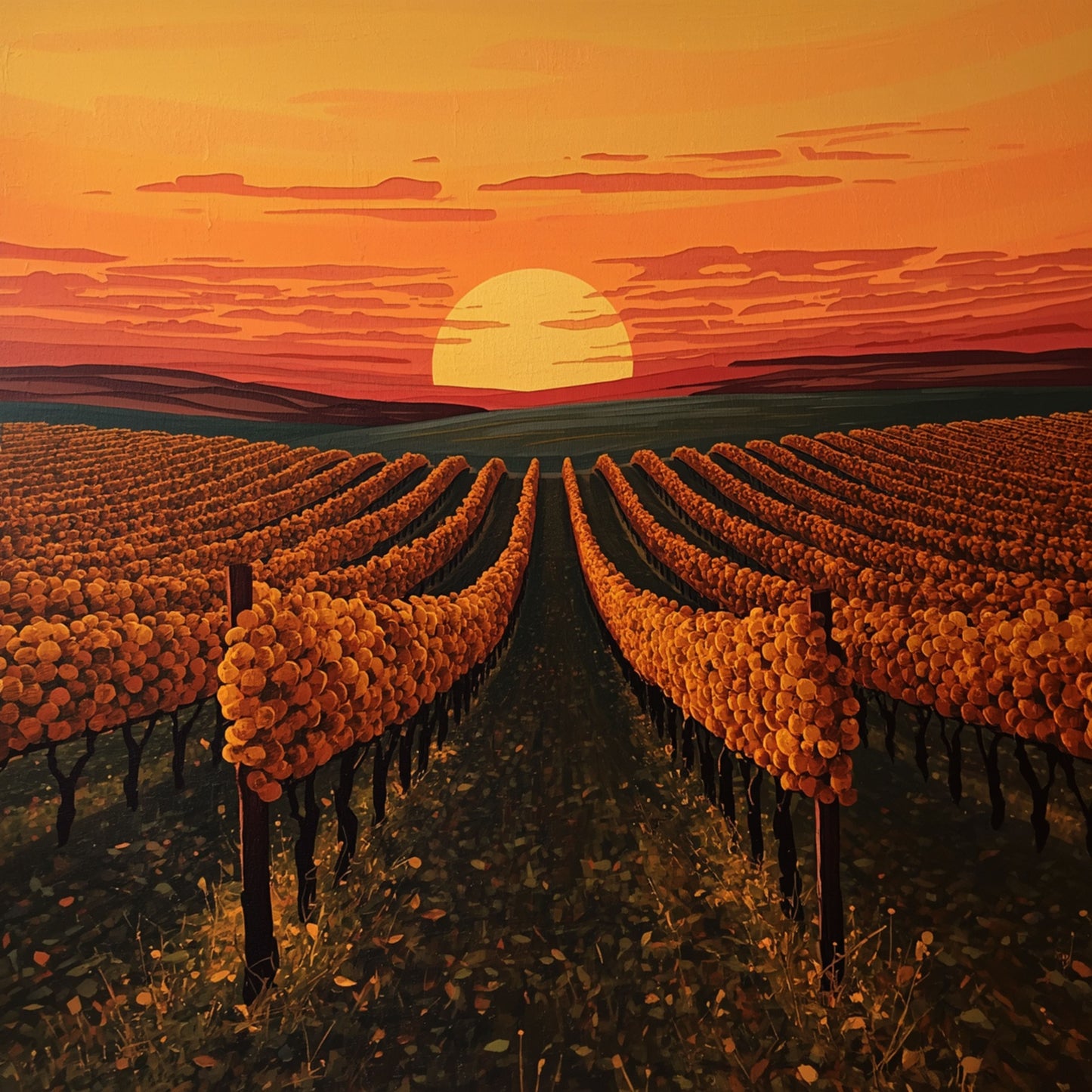Wijngaard zonsondergang canvas schilderij met symmetrische rijen gouden wijnstokken die convergeren naar grote vurige zon onder dramatische oranje en rode avondlucht – eetkamer wanddecoratie
