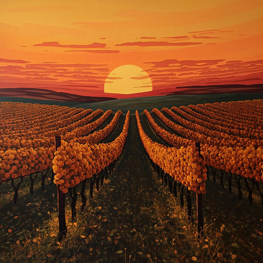 Wijngaard zonsondergang canvas schilderij met symmetrische rijen gouden wijnstokken die convergeren naar grote vurige zon onder dramatische oranje en rode avondlucht – eetkamer wanddecoratie
