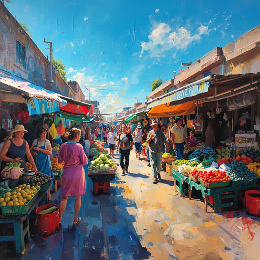 Tropische marktstraat canvas schilderij met drukke markt vol kleurrijke kramen onder oranje en rode luifels, wandelaars in zomerse kleding en stralend blauwe lucht – eetkamer wanddecoratie
