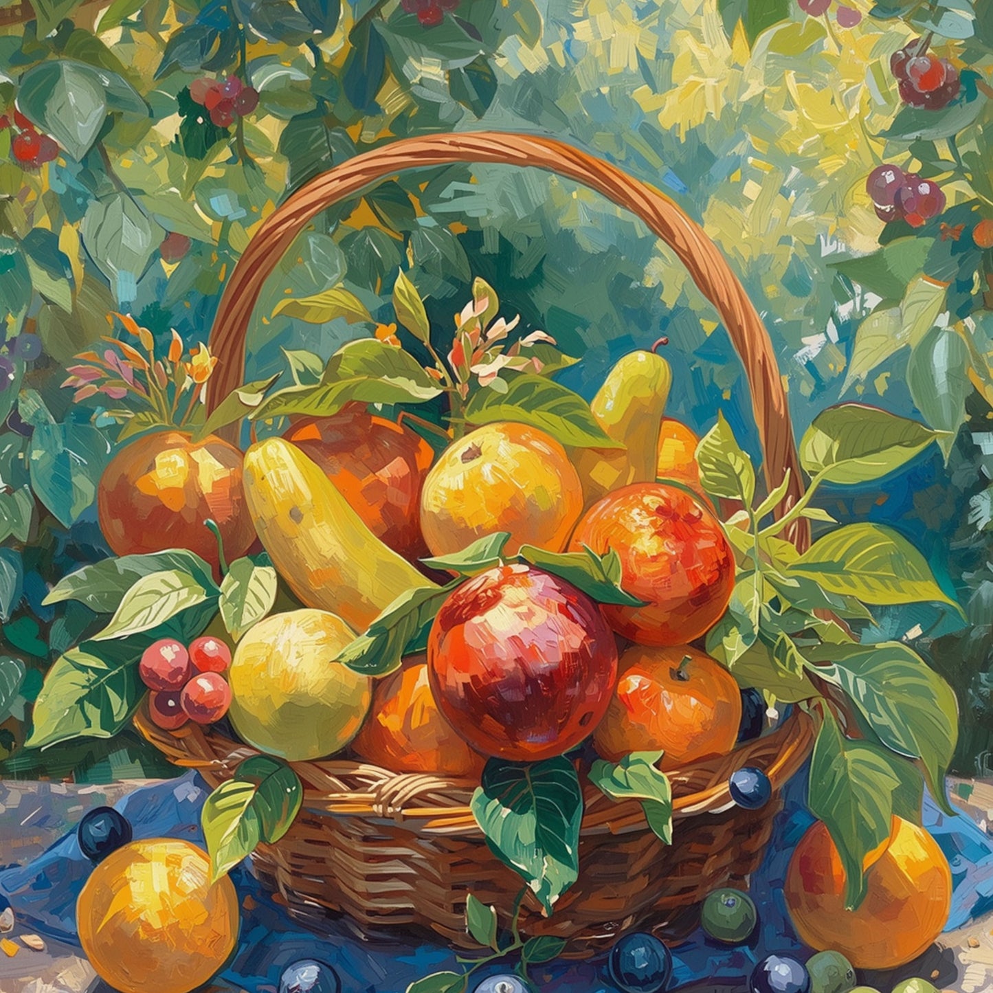 Zomer fruit mand canvas schilderij met weelderige mand vol granaatappel, peren, citroenen, sinaasappels en rode appels omringd door weelderige groene bladeren en bloemen op blauwe achtergrond – eetkamer wanddecoratie
