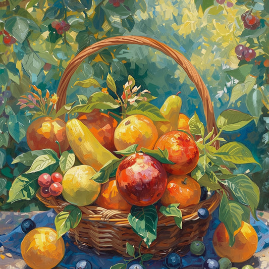Zomer fruit mand canvas schilderij met weelderige mand vol granaatappel, peren, citroenen, sinaasappels en rode appels omringd door weelderige groene bladeren en bloemen op blauwe achtergrond – eetkamer wanddecoratie
