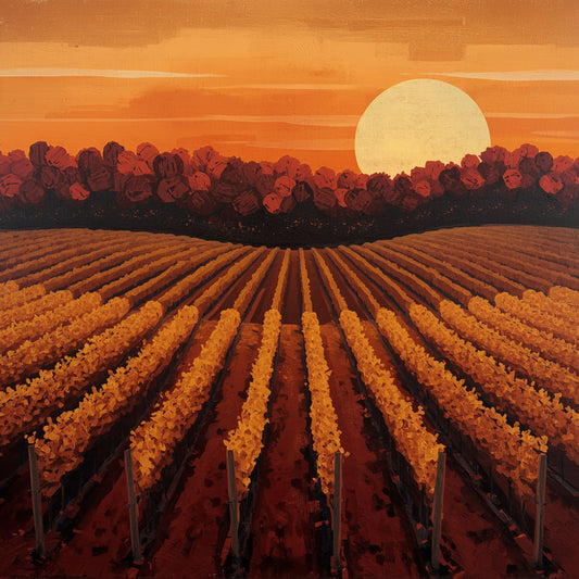 Wijngaard zonsondergang canvas schilderij met lange rijen gouden wijnstokken die convergeren naar de horizon onder een vurige oranje en rode avondlucht met grote zon – eetkamer wanddecoratie
