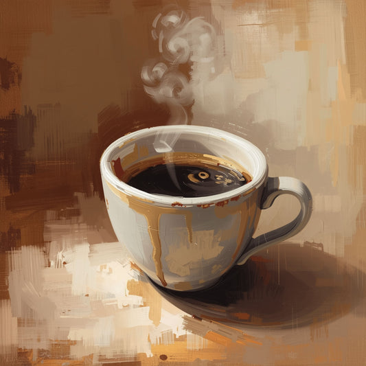 Impressionistisch koffie stilleven canvas schilderij met dampende witte koffiemok in warme bruine, gouden en beige tinten op zachte achtergrond — keuken wanddecoratie
