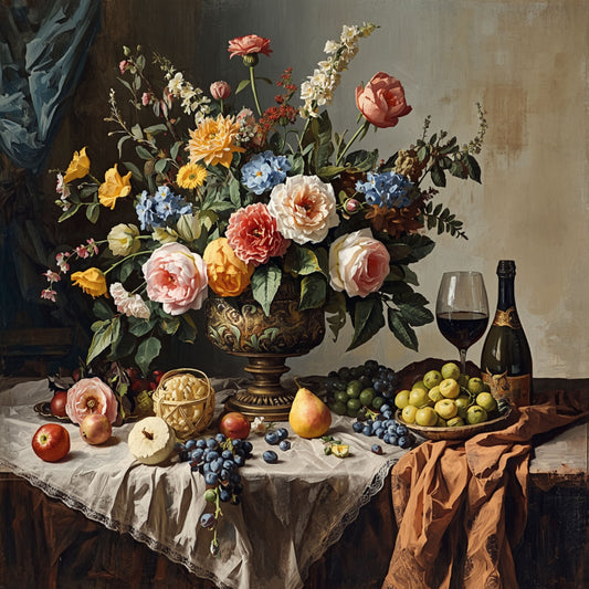 Klassiek Vlaams bloemen stilleven canvas schilderij met weelderig boeket van rozen, pioenrozen en blauwe bloemen in bronzen vaas, wijnglas en rijpe druiven en appels op gedekte tafel – eetkamer wanddecoratie
