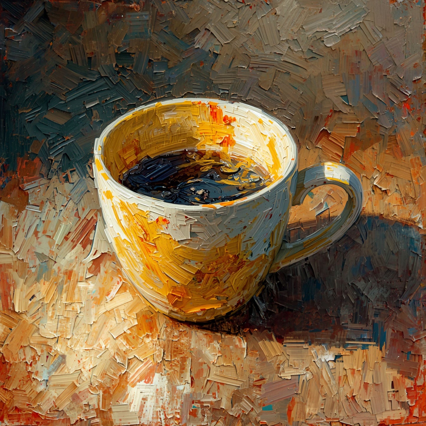 Impressionistisch koffiekop canvas schilderij met grote gouden kop vol zwarte koffie op warme bruine en oranje achtergrond in expressieve dikke penseelstreken – eetkamer wanddecoratie
