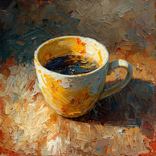 Impressionistisch koffiekop canvas schilderij met grote gouden kop vol zwarte koffie op warme bruine en oranje achtergrond in expressieve dikke penseelstreken – eetkamer wanddecoratie
