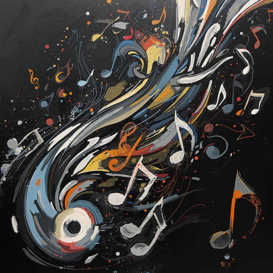Abstract muziek explosie canvas schilderij met muzieknoten, vinyl plaat en kleurrijke golven in blauw, oranje en wit op zwarte achtergrond — hobbyruimte wanddecoratie
