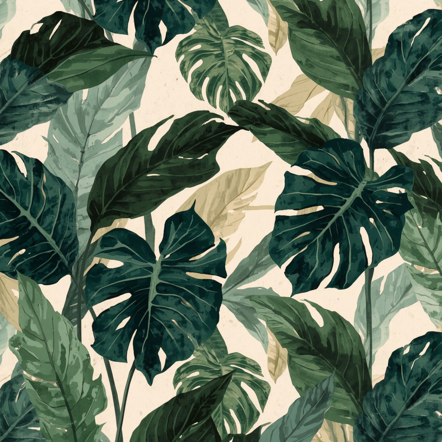 Tropisch bladeren canvas schilderij met weelderige monstera en palmbladeren in diepe donkergroene tinten op zachte crème achtergrond – eetkamer wanddecoratie
