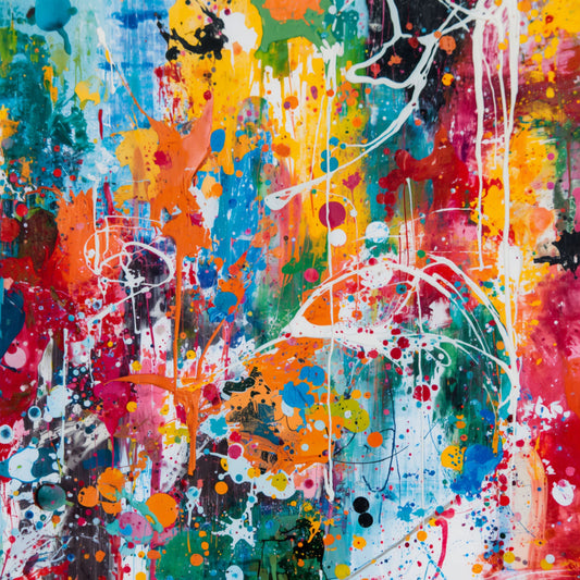 Expressionistisch abstract kleurenveld canvas schilderij met rijke verflagen en witte spatten in blauw, geel, rood, groen en oranje — hobbyruimte wanddecoratie
