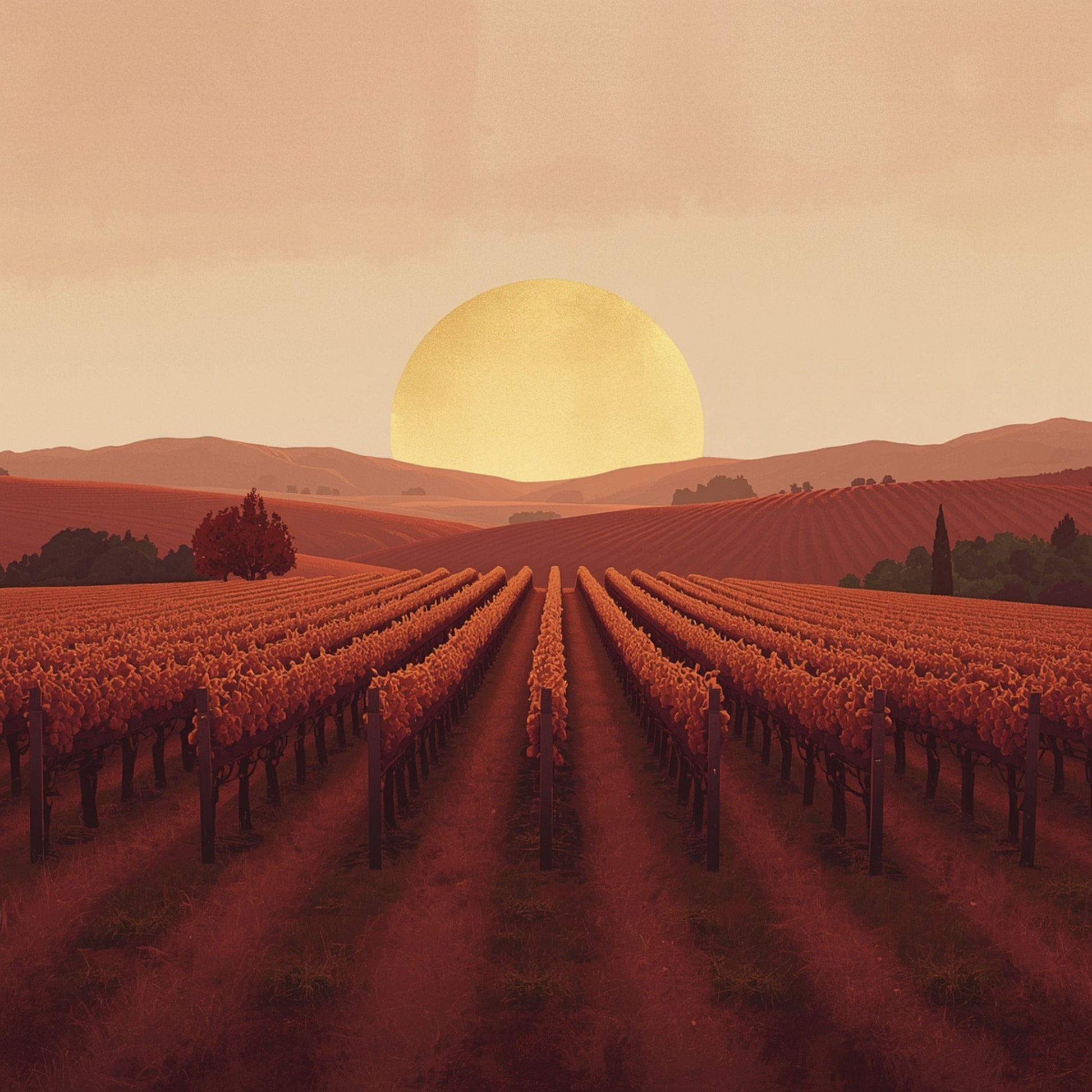 Lavendelveld zonsondergang canvas schilderij met lange rijen paarse en rode velden die convergeren naar grote gouden zon boven donkere boomsilhouetten aan de horizon – eetkamer wanddecoratie
