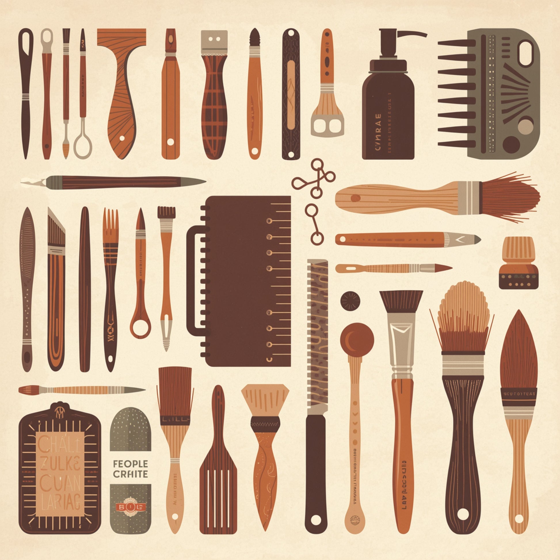 Vintage kunstenaarsgereedschap poster canvas schilderij met penselen, linialen, scharen en tools in warme bruine en beige tinten op lichte achtergrond — hobbyruimte wanddecoratie
