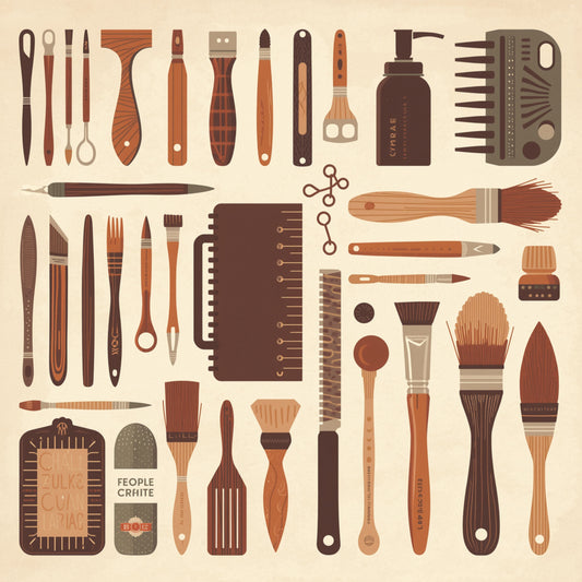 Vintage kunstenaarsgereedschap poster canvas schilderij met penselen, linialen, scharen en tools in warme bruine en beige tinten op lichte achtergrond — hobbyruimte wanddecoratie
