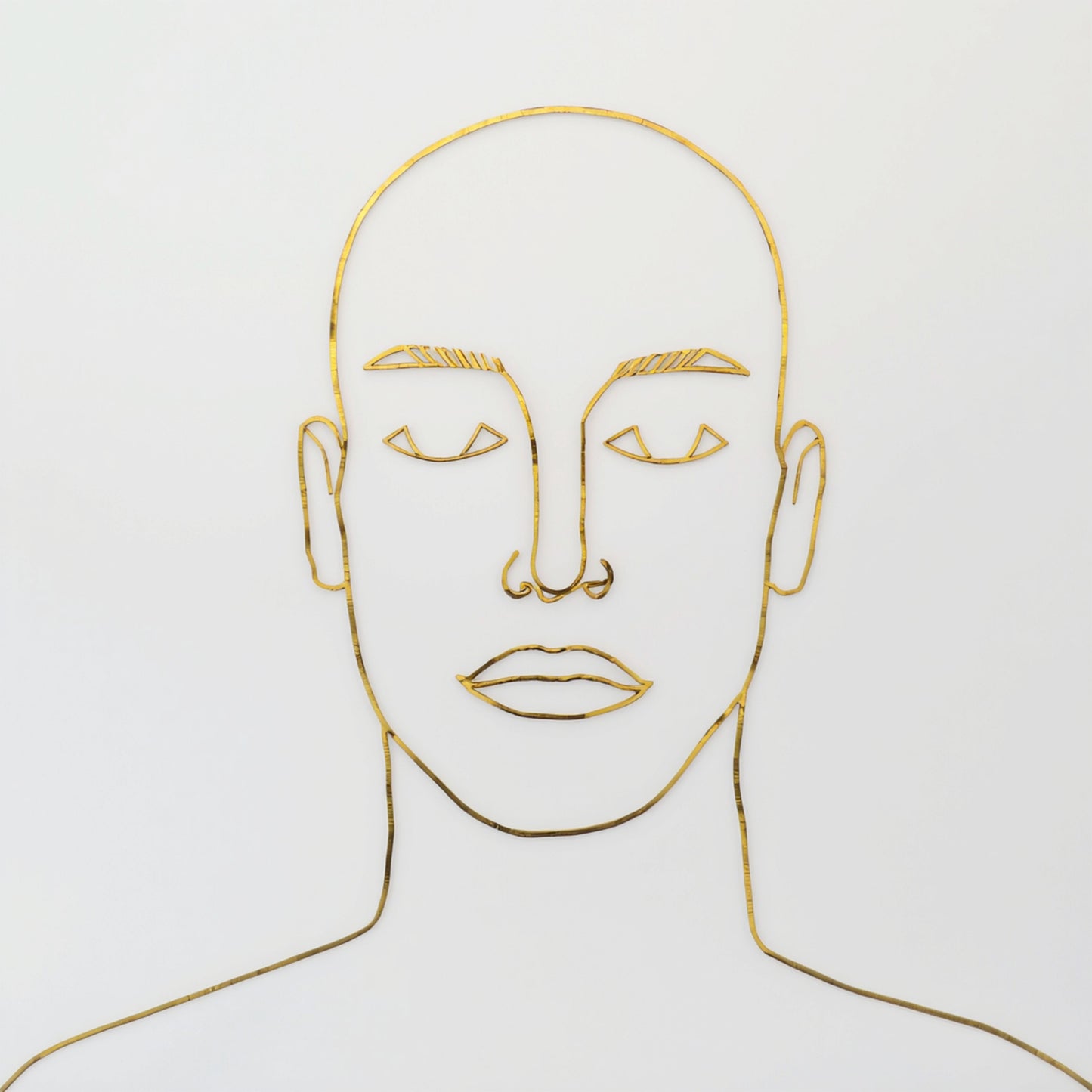 Minimalistisch frontaal gezichtsportret line art canvas schilderij met gesloten ogen en gouden wenkbrauwen op witte achtergrond — hal wanddecoratie
