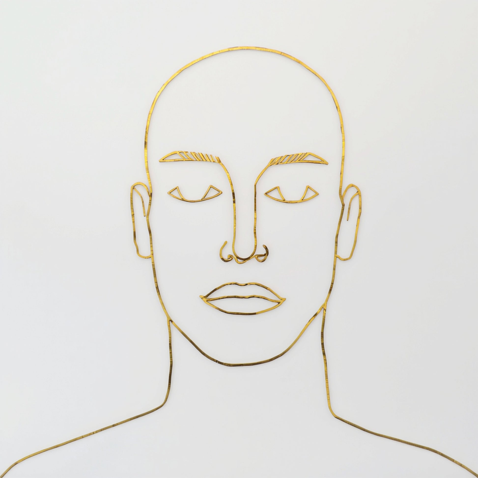Minimalistisch frontaal gezichtsportret line art canvas schilderij met gesloten ogen en gouden wenkbrauwen op witte achtergrond — hal wanddecoratie
