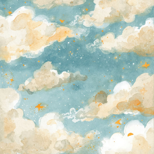 Dromerig wolkenlucht canvas schilderij in zacht blauw en crème met gouden accenten — babykamer wanddecoratie
