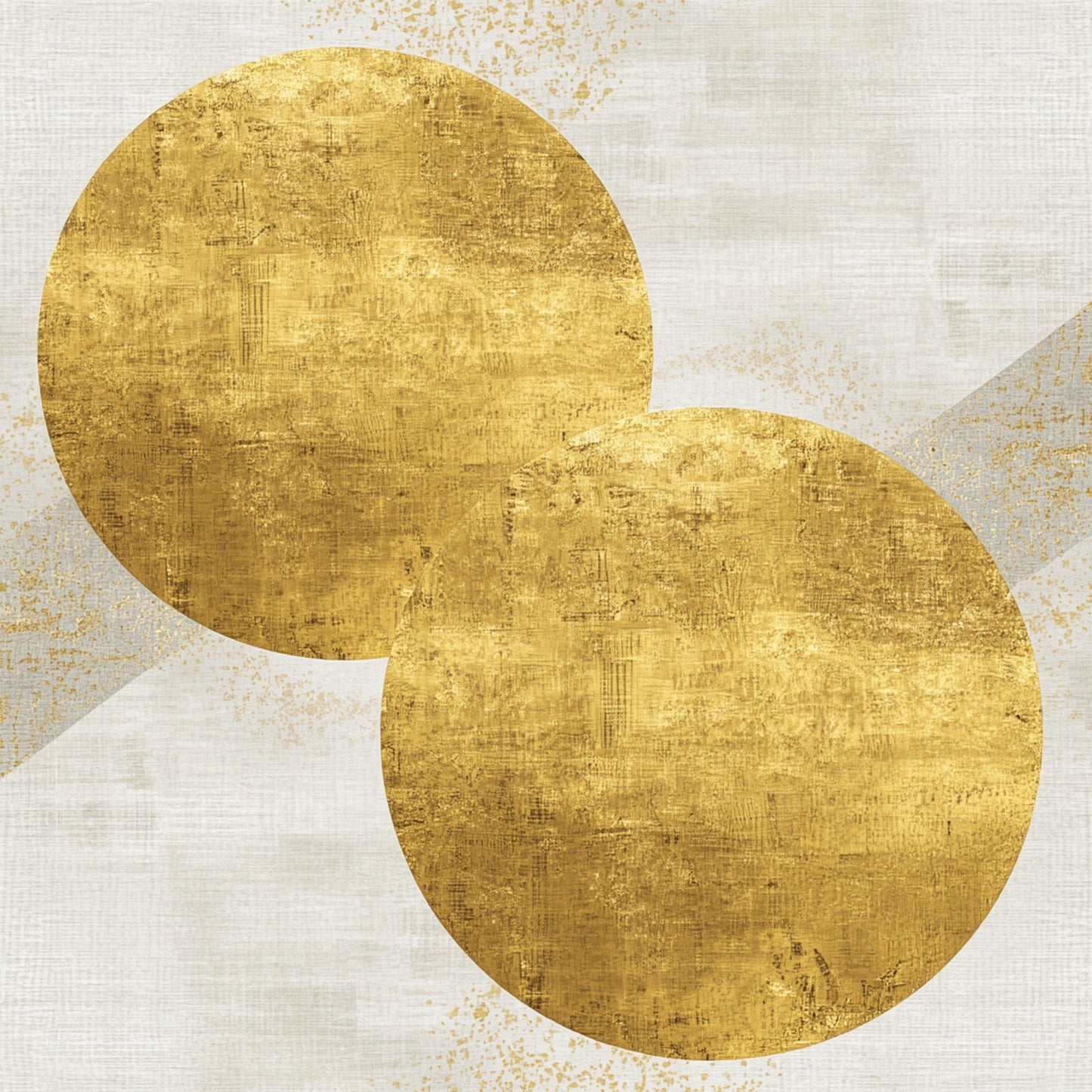 Bold abstract drie grote gouden cirkels canvas schilderij met rijke gouden textuur op lichte achtergrond — hal wanddecoratie
