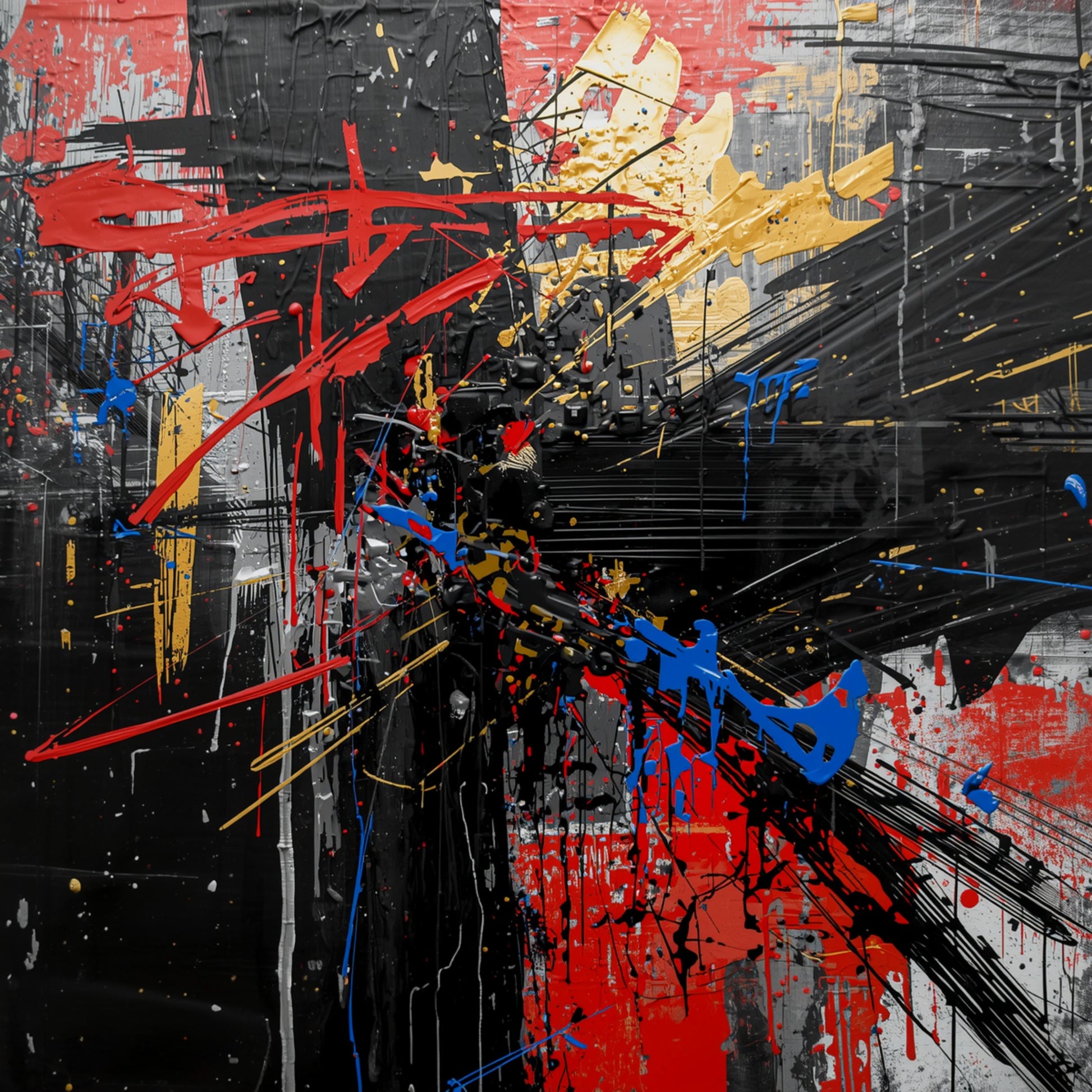 Krachtig abstract chaos canvas schilderij met wilde zwarte, rode, blauwe en gele penseellijnen en spatten op donkere achtergrond — gang wanddecoratie
