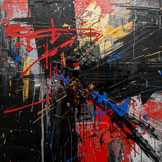 Krachtig abstract chaos canvas schilderij met wilde zwarte, rode, blauwe en gele penseellijnen en spatten op donkere achtergrond — gang wanddecoratie
