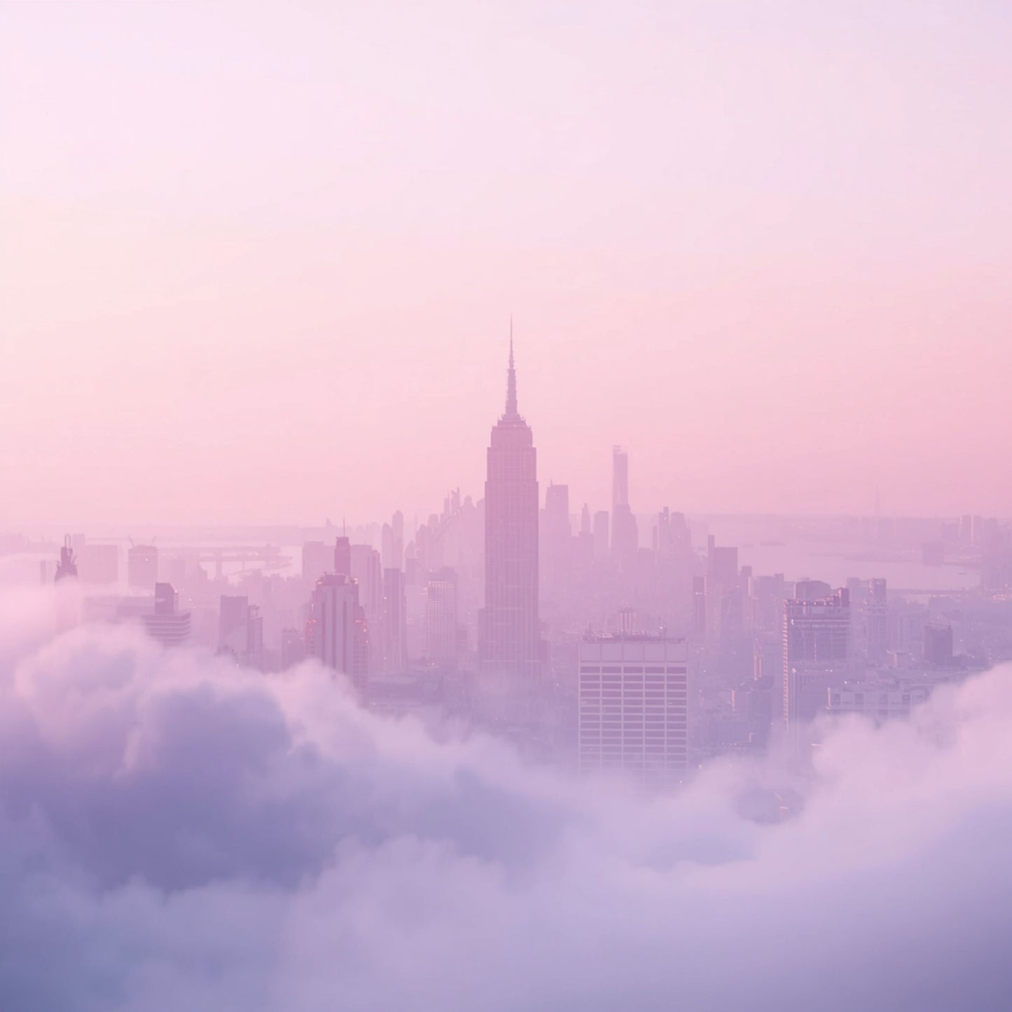 Babyzimmer-Bild – Neblige Stadtsilhouette in sanften Rosa- & Lilatönen