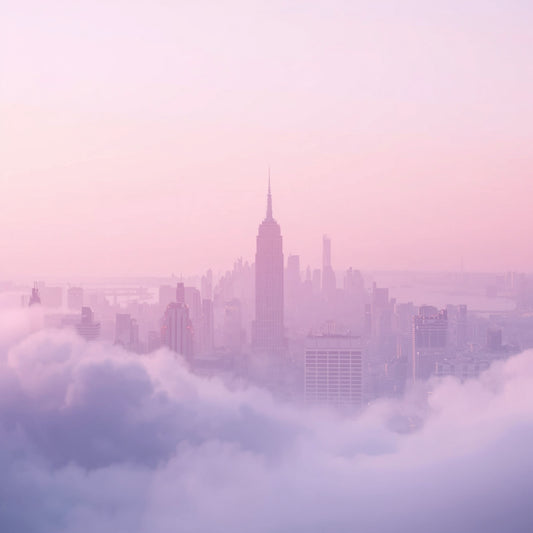Babyzimmer-Bild – Neblige Stadtsilhouette in sanften Rosa- & Lilatönen