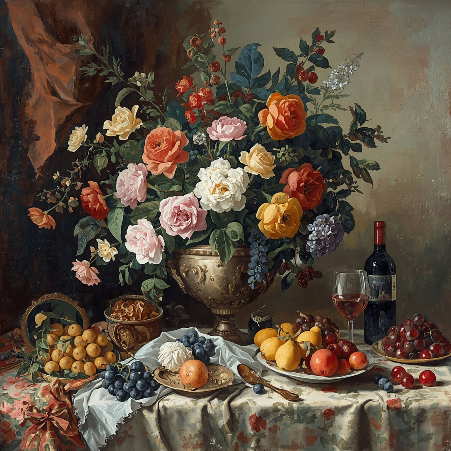 Barok bloemen stilleven canvas schilderij met weelderig kleurrijk boeket van rozen en pioenrozen in zilveren vaas, rijpe druiventrossen, appels en wijnfles op gedrapeerd tafelkleed tegen donkere achtergrond – eetkamer wanddecoratie
