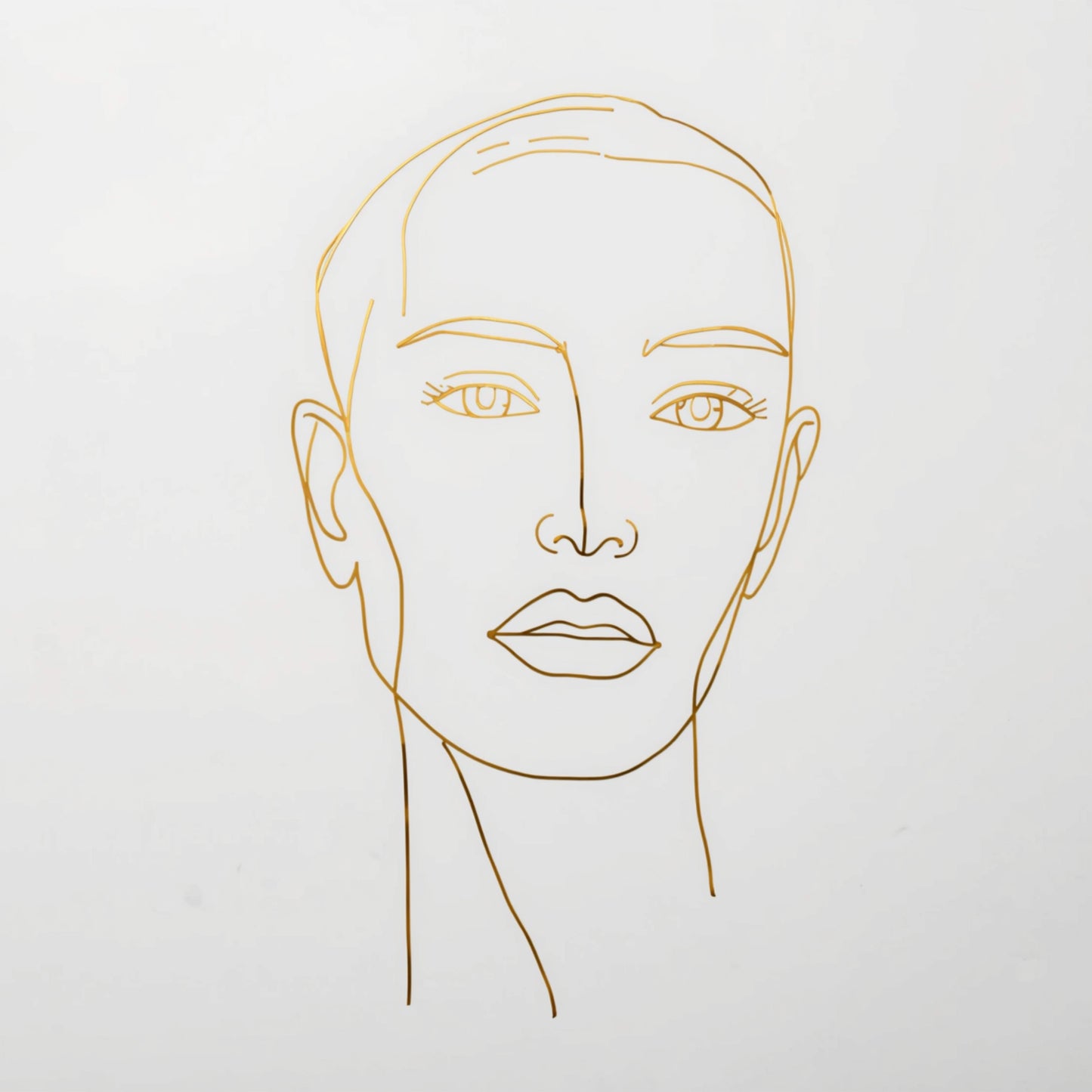 Minimalistisch gouden vrouwenportret line art canvas schilderij met fijne gouden lijnen en kort haar op witte achtergrond — hal wanddecoratie

