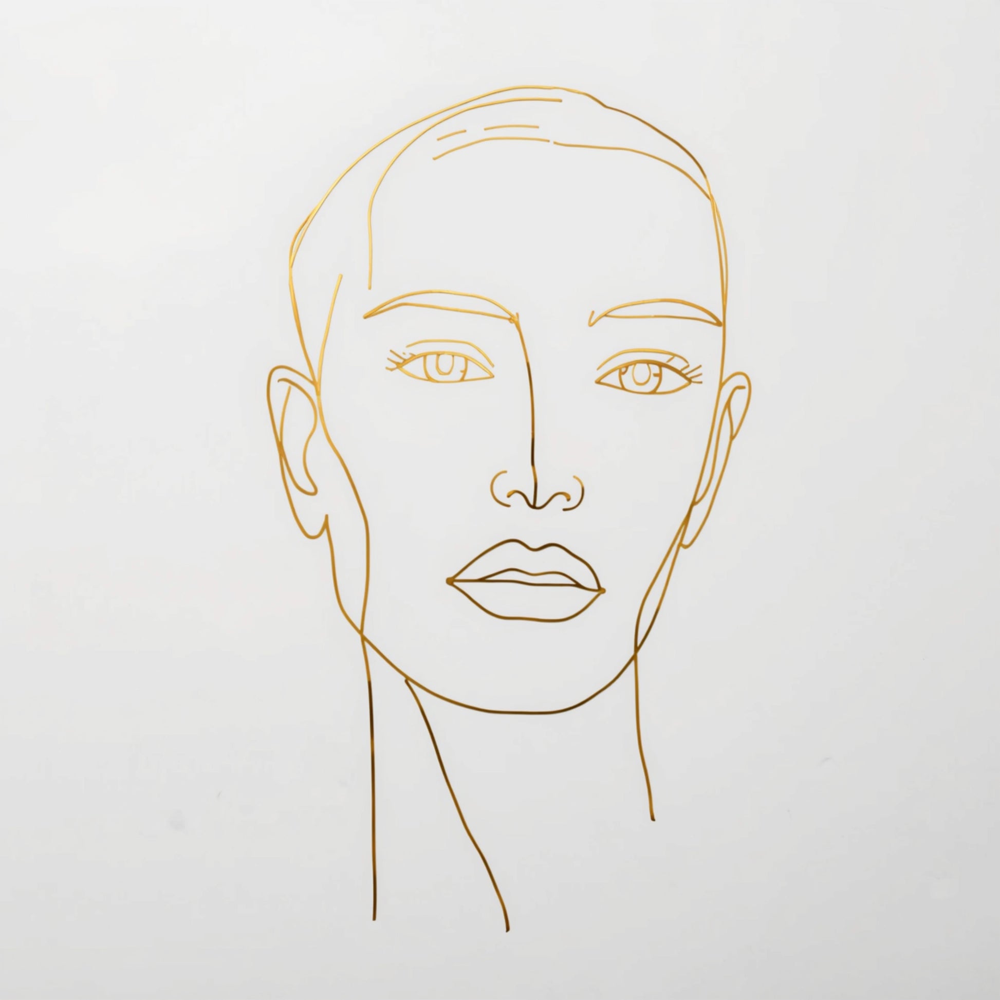 Minimalistisch gouden vrouwenportret line art canvas schilderij met fijne gouden lijnen en kort haar op witte achtergrond — hal wanddecoratie
