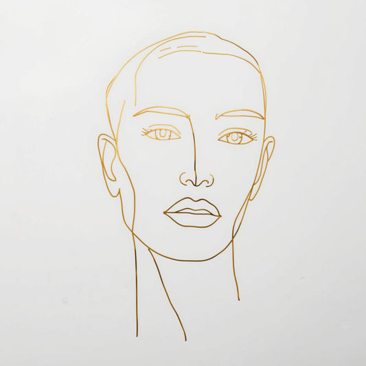 Minimalistisch gouden vrouwenportret line art canvas schilderij met fijne gouden lijnen en kort haar op witte achtergrond — hal wanddecoratie
