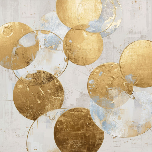 Luchtig abstract canvas schilderij met speelse gouden en witte cirkels in verschillende groottes op lichte achtergrond — hal wanddecoratie
